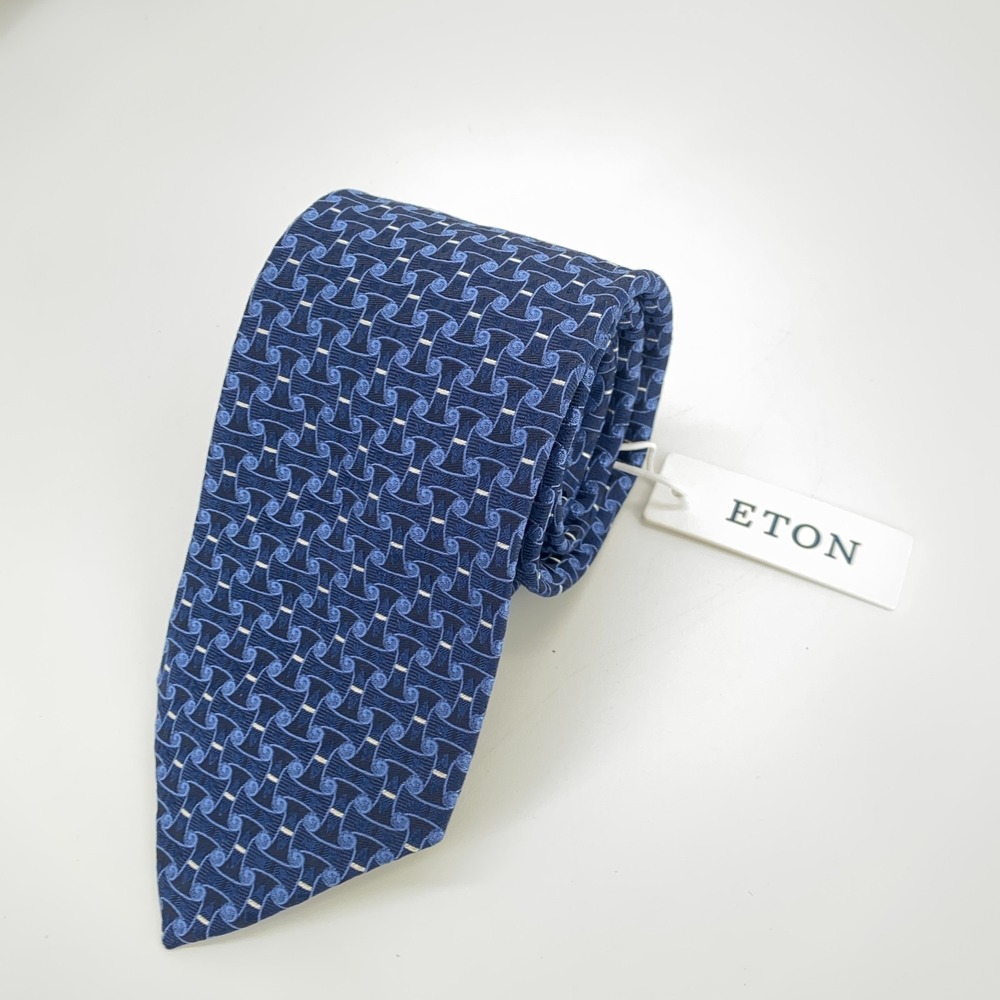 Eton Tie Mens One Size Navy White Patterned Silk Classic Necktie Italy Made NWT